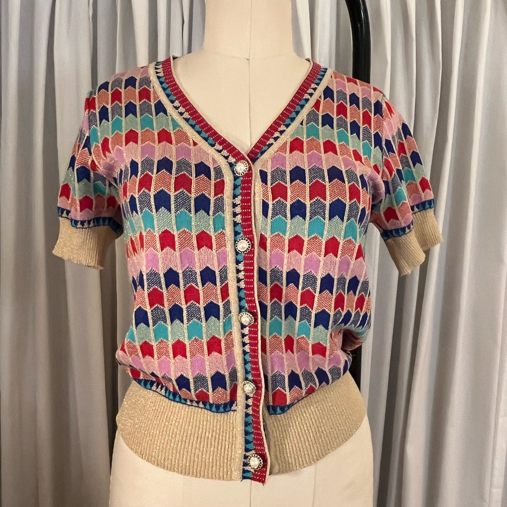 vintage short sleeve multicolor pattern sparkly cardigan with pearl buttons